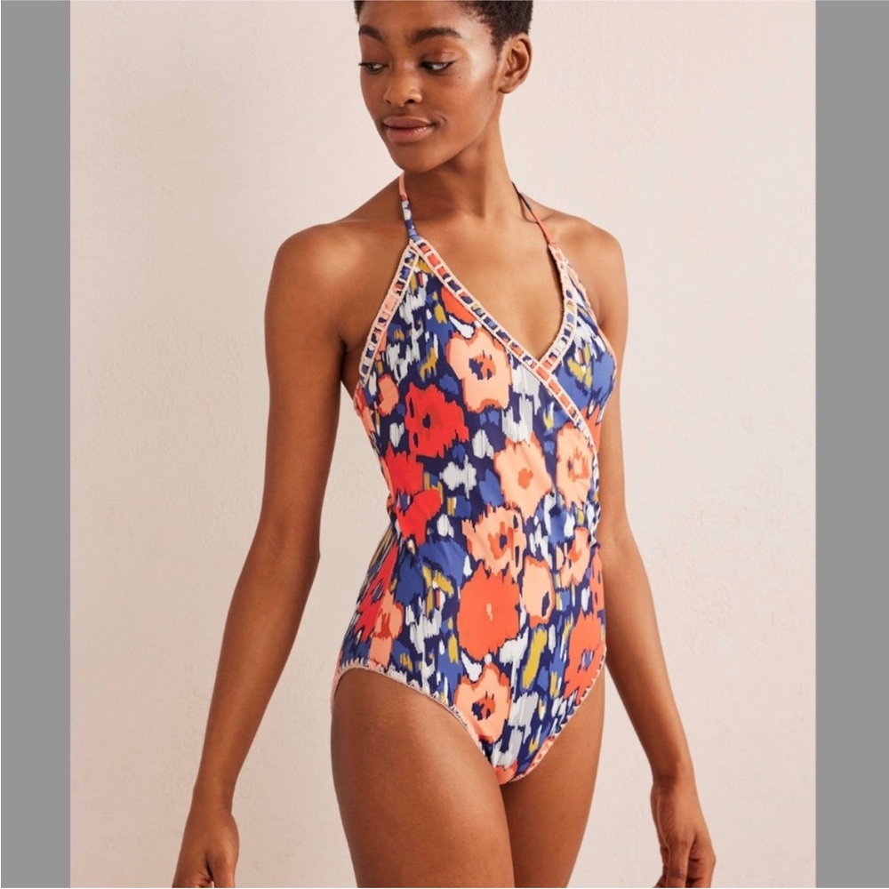 Boden Crochet Trim Poppy Print Floral One Piece Swimsuit 12